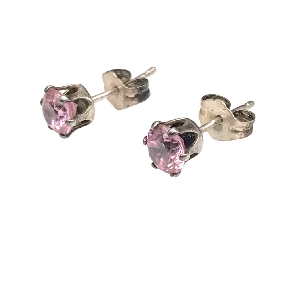 Vintage SU Silver Earrings with Pink Crystal Solitaire, 925 Sterling Studs